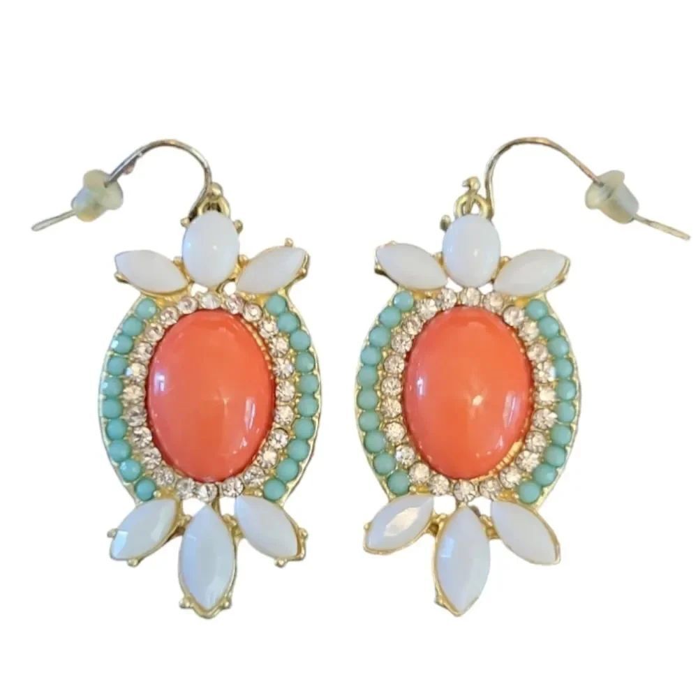 EC Gold, Turquoise, Coral, Rhinestone, and White  "Fish Hook" earings. OSFM.